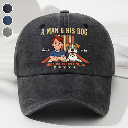 A Man And His Retro Dog - Personalized Custom Vintage Washed Denim Cap