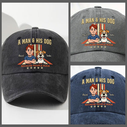 A Man And His Retro Dog - Personalized Custom Vintage Washed Denim Cap