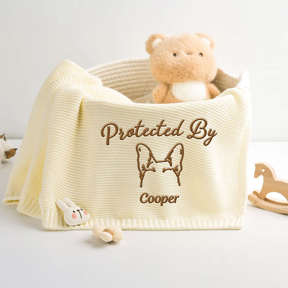 Human Protected By Dog - Personalized Custom Embroidered Knitted Baby Blanket