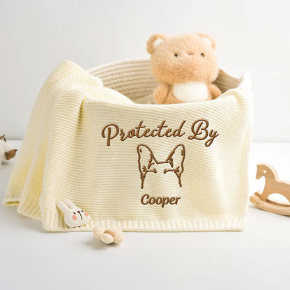 Human Protected By Dog - Personalized Custom Embroidered Knitted Baby Blanket