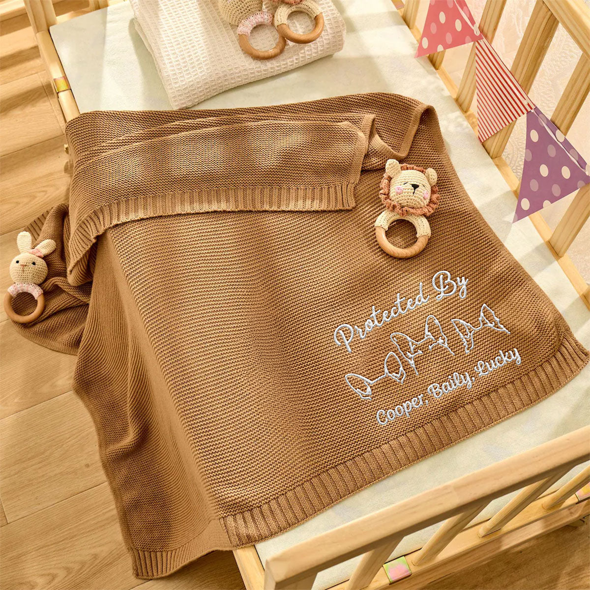 Human Protected By Dog - Personalized Custom Embroidered Knitted Baby Blanket