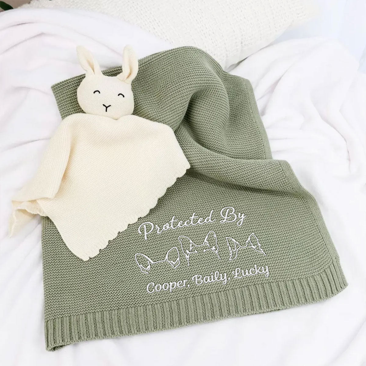 Human Protected By Dog - Personalized Custom Embroidered Knitted Baby Blanket