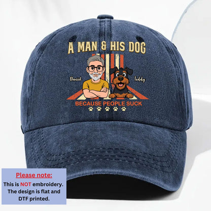A Man And His Retro Dog - Personalized Custom Vintage Washed Denim Cap