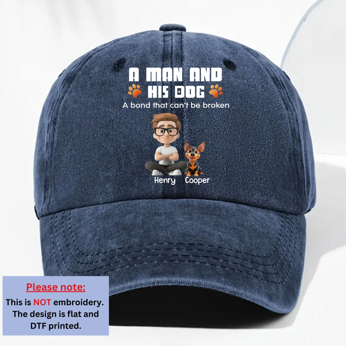 Human And Their Dog Cartoon - Personalized Custom Vintage Washed Denim Cap