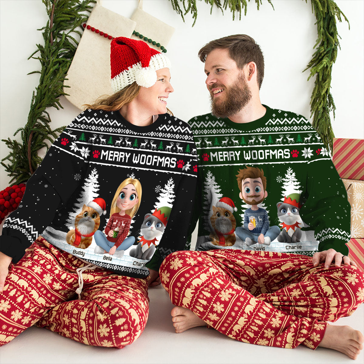 Meowy Catmas To My Mom Dad Cartoon - Personalized Custom All-Over-Print Sweatshirt