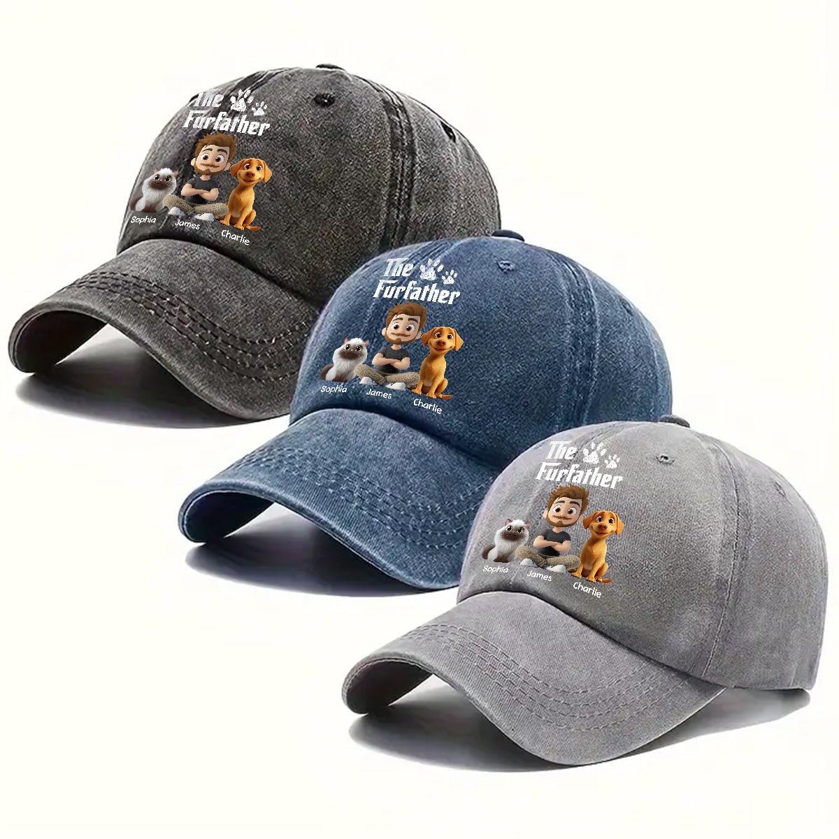 Cool Fur Father - Personalized Custom Vintage Washed Denim Cap