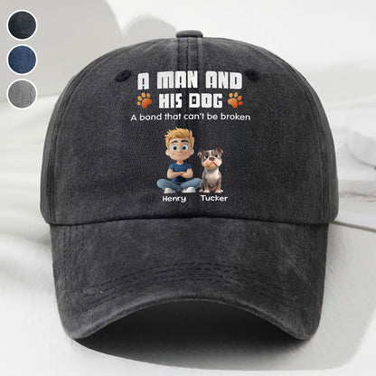 Human And Their Dog Cartoon - Personalized Custom Vintage Washed Denim Cap