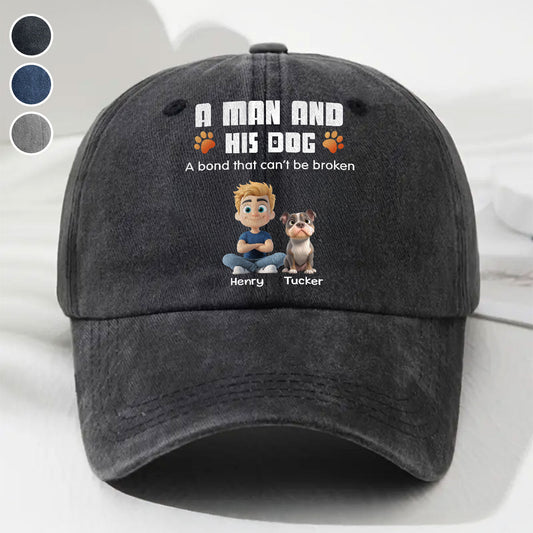 Human And Their Dog Cartoon - Personalized Custom Vintage Washed Denim Cap