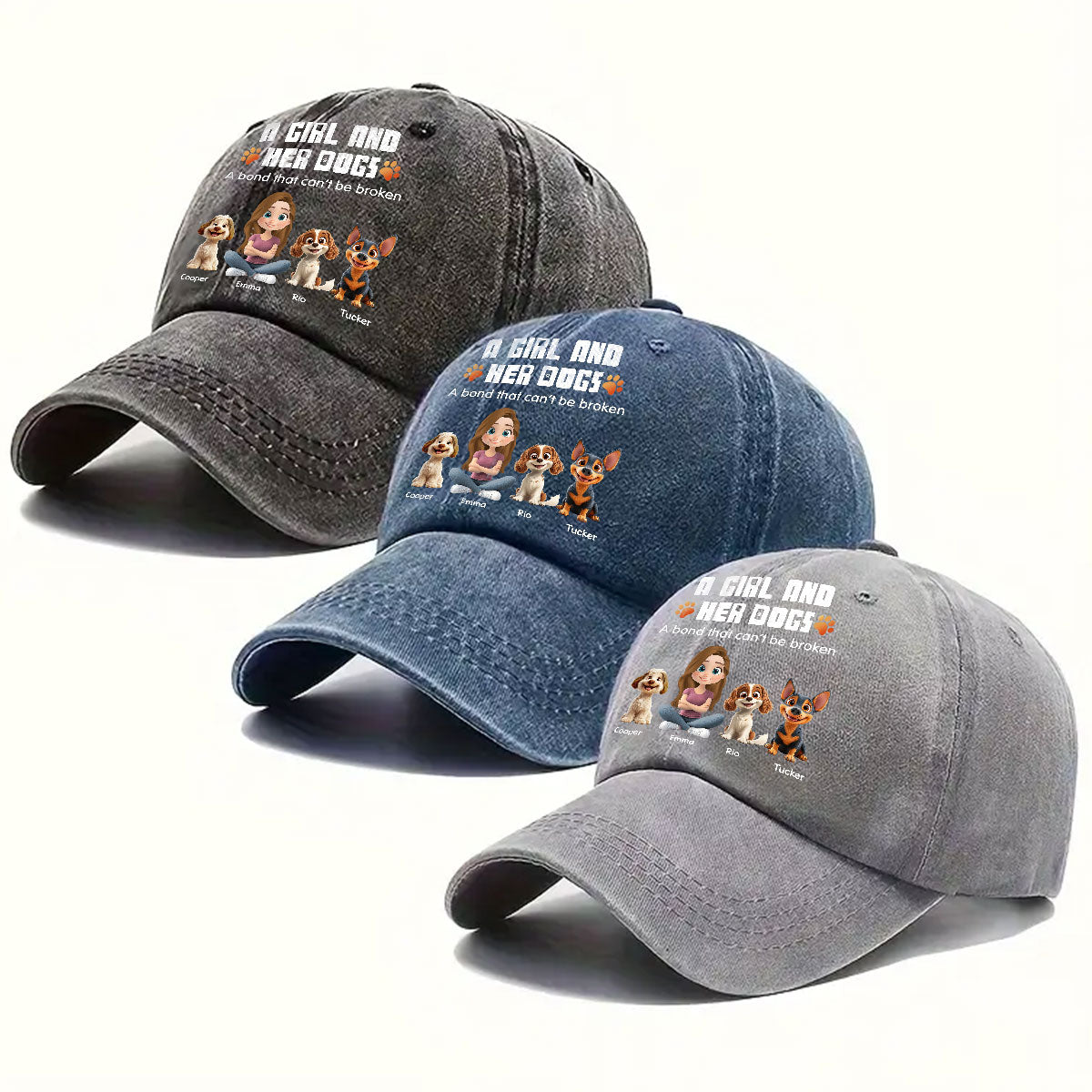 Human And Their Dog Cartoon - Personalized Custom Vintage Washed Denim Cap